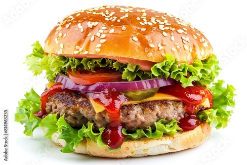 Tasty burger with vegetables patty cheese and ketchup