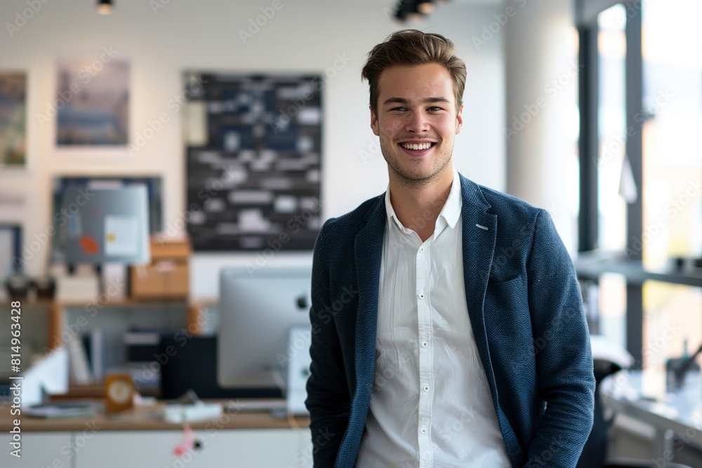 Smiling young businessman standing in office Smiling young businessman standing in office