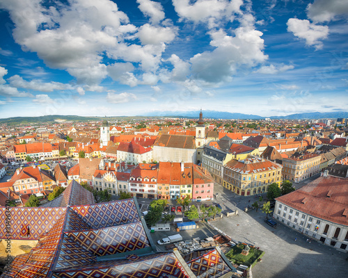 Amazing View from bell tower of St Mary Cathedral on the Old Town in Sibiu city. photo