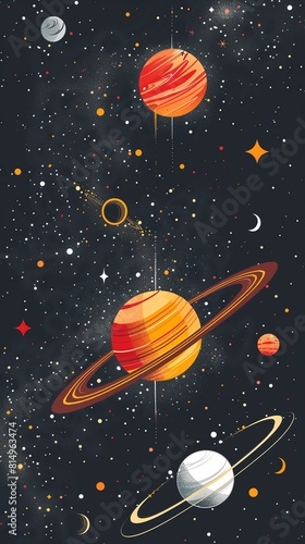 An illustration of planets and moons in space. The planets are orange  blue  and white. The moons are white. The background is dark blue and filled with stars.
