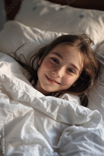 Smiling young girl relaxing in bed in the morning