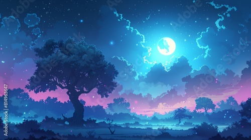 Generate a concept art illustration of a mystical forest at night