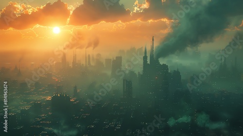 A dark  dystopian cityscape with large  ominous buildings and a polluted sky.