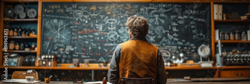 male physicist explaining complex theories on a chalkboard in a classroom