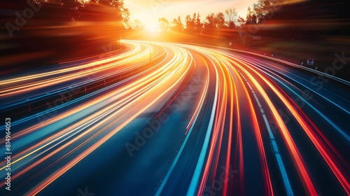 Stunning long exposure shot capturing vibrant traffic light trails on a curvy highway during a vivid sunset.