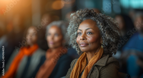 A poised woman with curly grey hair watches an event attentively. © Emiliia