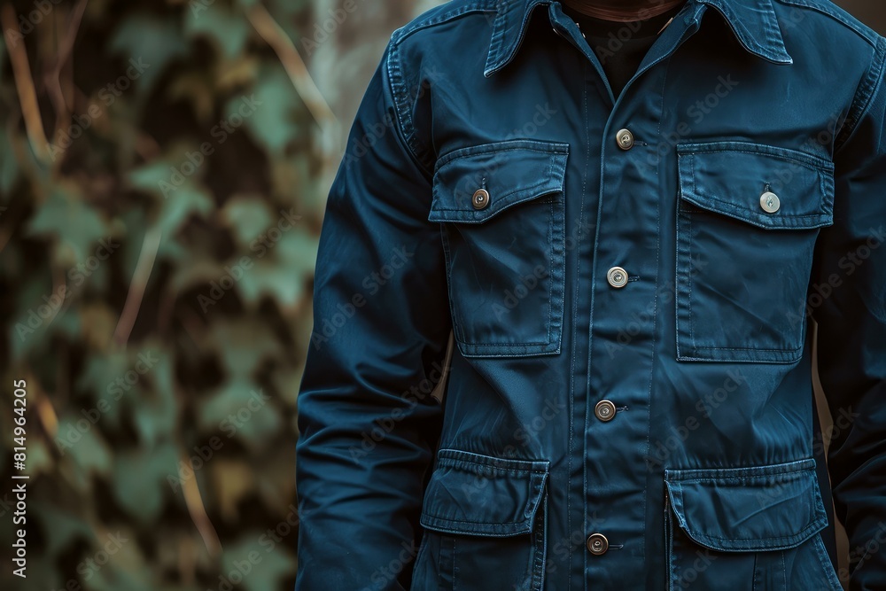Close-up of a man wearing a stylish blue denim jacket with blurred greenery in the background Close-up of a man wearing a stylish blue denim jacket with blurred greenery in the background