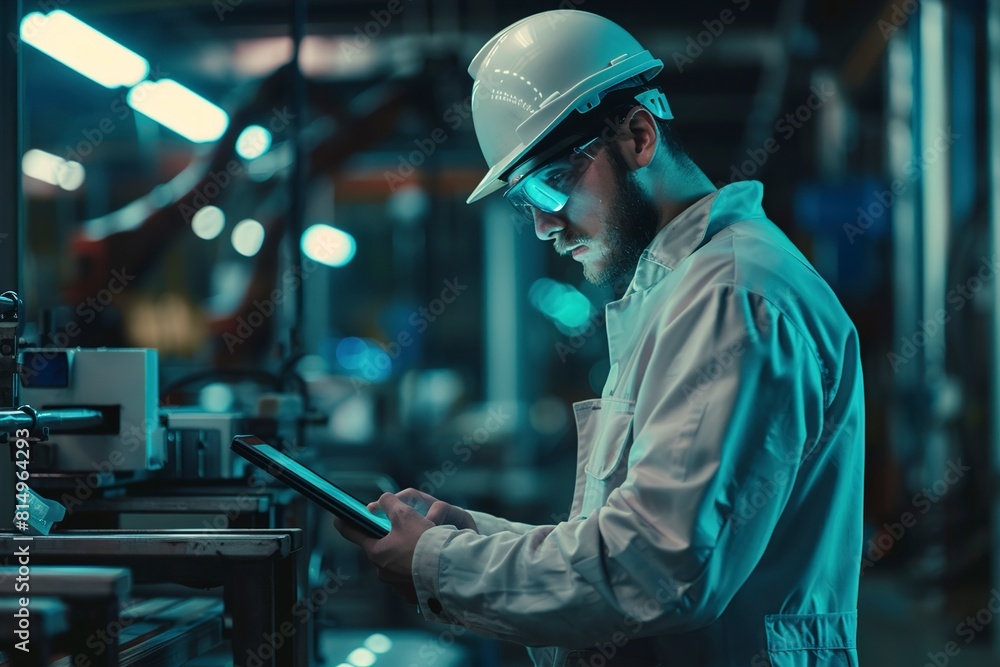 Technician using digital tablet on shop floor Technician using digital tablet on shop floor