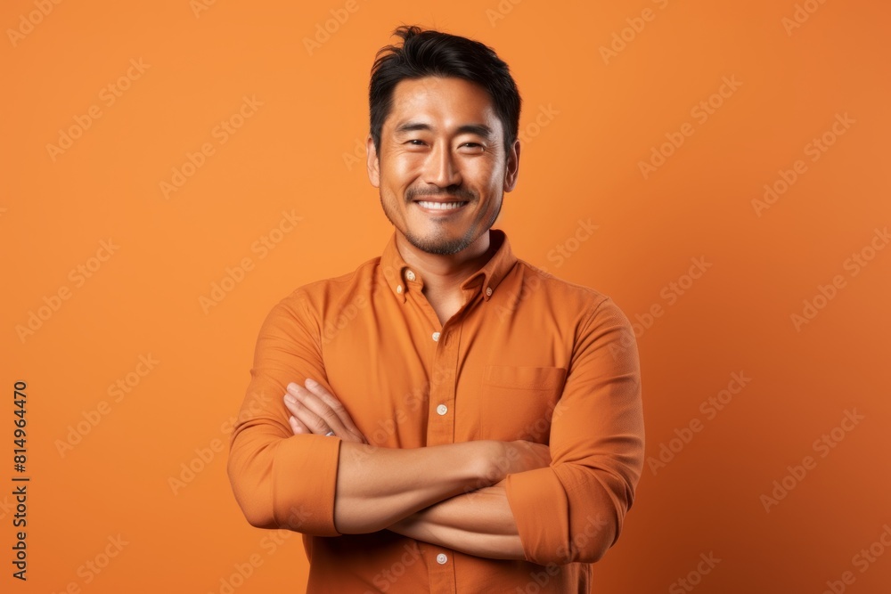 Portrait of a satisfied asian man in his 30s with arms crossed isolated on pastel orange background Portrait of a satisfied asian man in his 30s with arms crossed isolated on pastel orange background