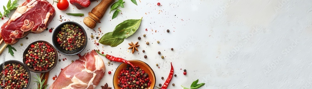 Fresh raw meats and spices on white background with copy space Fresh raw meats and spices on white background with copy space