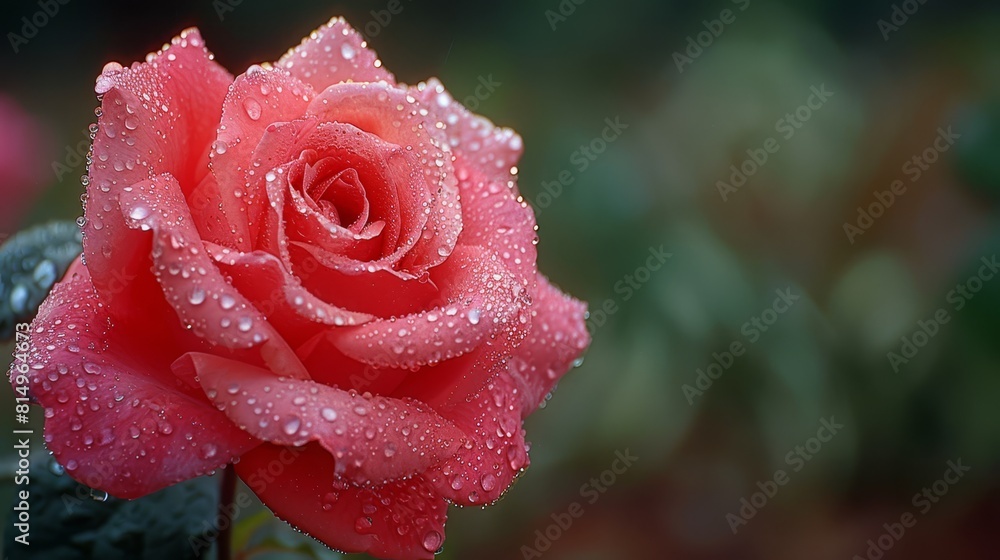A red rose, petals dotted with water droplets, against a backdrop of a verdant green bush A red rose, petals dotted with water droplets, against a backdrop of a verdant green bush
