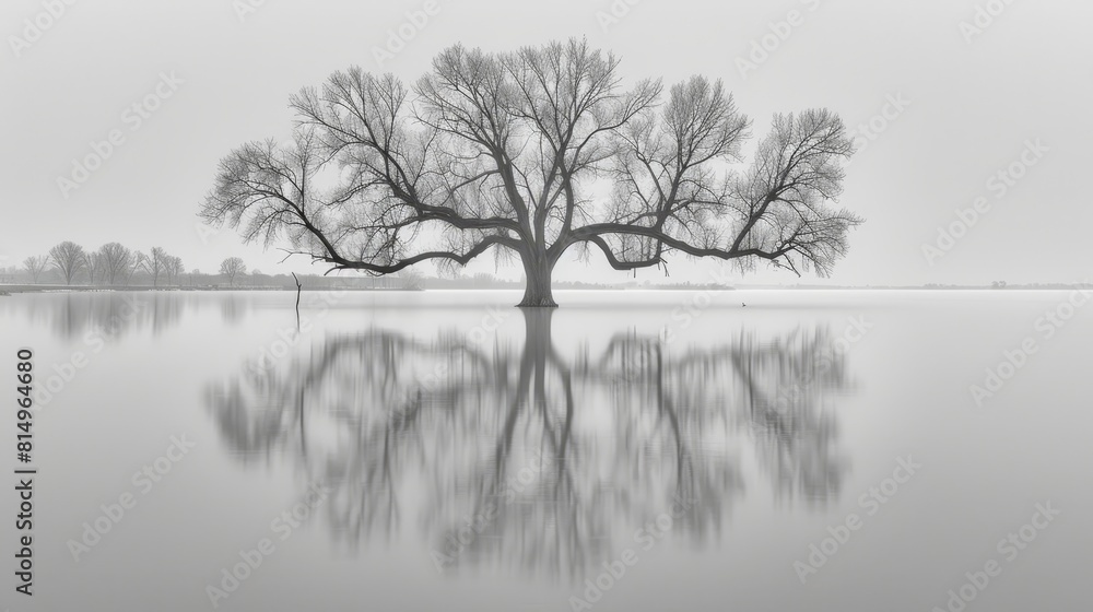 A monochrome image of a solitary tree submerged waist-deep in a mirror-like lake, surrounded by misty fog engulfing the sky A monochrome image of a solitary tree submerged waist-deep in a mirror-like lake, surrounded by misty fog engulfing the sky
