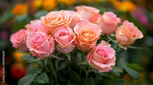  A planter filled with pink roses in bloom and background flowers