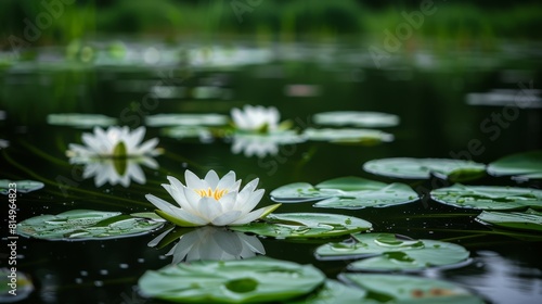  A collection of white water lilies atop a body of water  with lily pads in the foreground