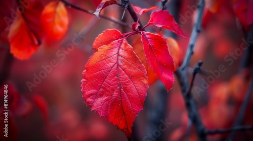  A red leaf up-close on a tree branch against blurred background leaves