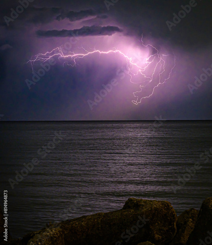 A Springtime Lightning Storm Over Lake Michigan from the Great Lakes Illinois Shoreline