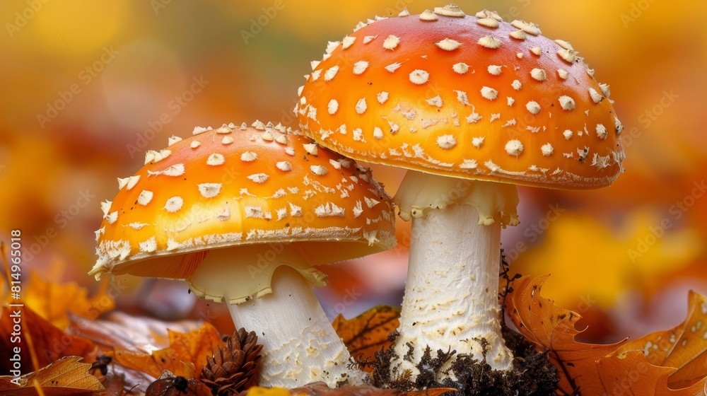 A couple of mushrooms atop a large stack of leaves A couple of mushrooms atop a large stack of leaves