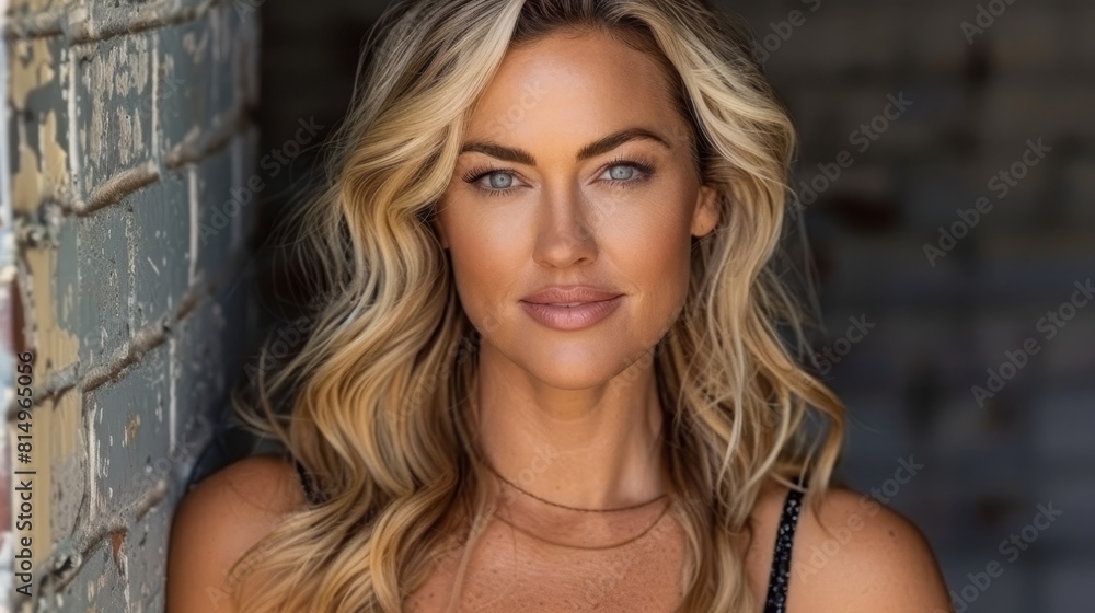 A woman with serious expression stands next to a brick wall, her blonde hair framing her face A woman with serious expression stands next to a brick wall, her blonde hair framing her face