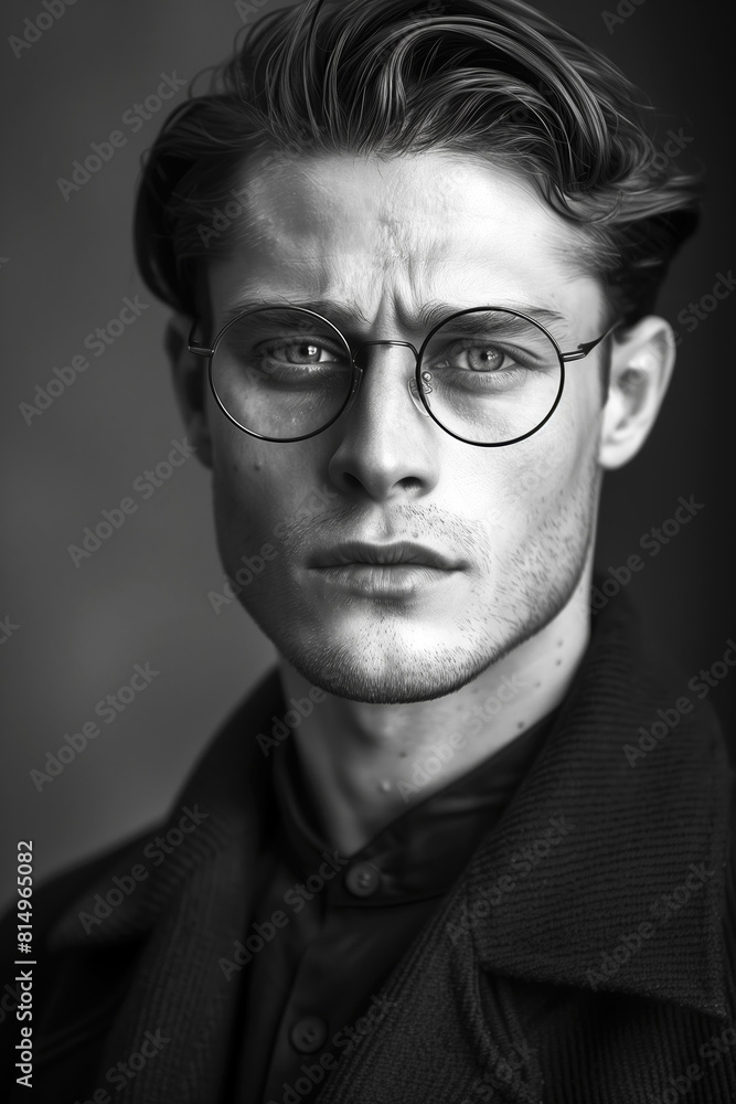 Monochrome portrait photography, classic looking young man dressed in a black suit Monochrome portrait photography, classic looking young man dressed in a black suit