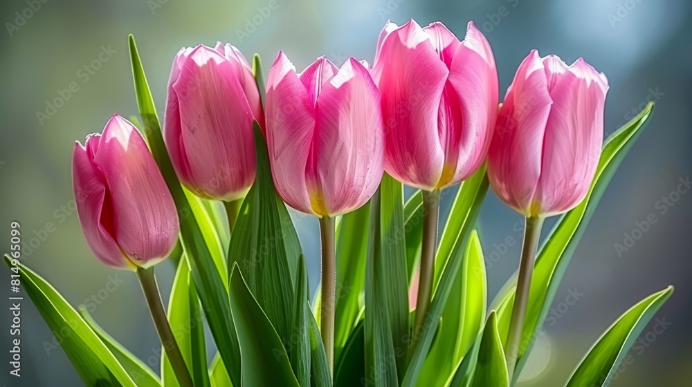 A vase filled with pink tulips, their green stems contrasting, against a softly blurred background A vase filled with pink tulips, their green stems contrasting, against a softly blurred background