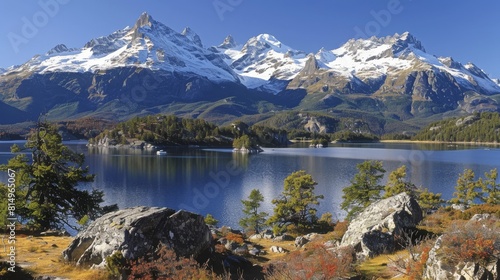  A view of a mountain range with a lake in the foreground and trees lining its shores