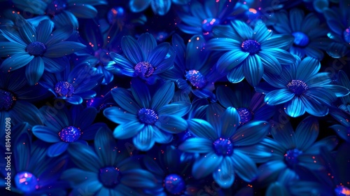  A cluster of blue flowers adjacent on a black backdrop, adorned with blue specks of sparkle on their petals © Jevjenijs