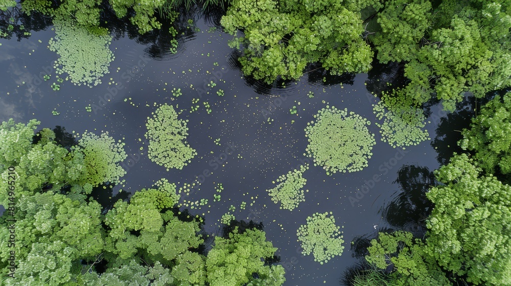 A grove of trees borders a body of water, with emergent green plants growing on its surface A grove of trees borders a body of water, with emergent green plants growing on its surface