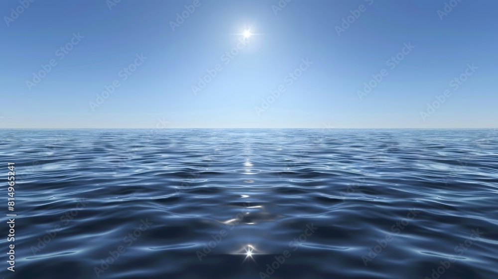 A vast expanse of water beneath a radiant sun, its center marked by a brilliant reflection A vast expanse of water beneath a radiant sun, its center marked by a brilliant reflection