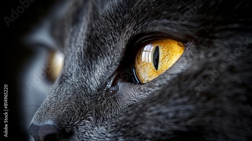  A tight shot of a black cat's face reveals a yellow reflective eye