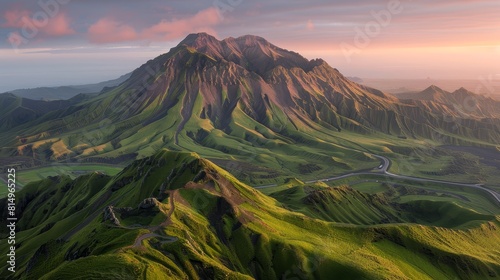  A bird's-eye perspective of a verdant mountain with a meandering pathway below, accompanied by a sunset scene behind