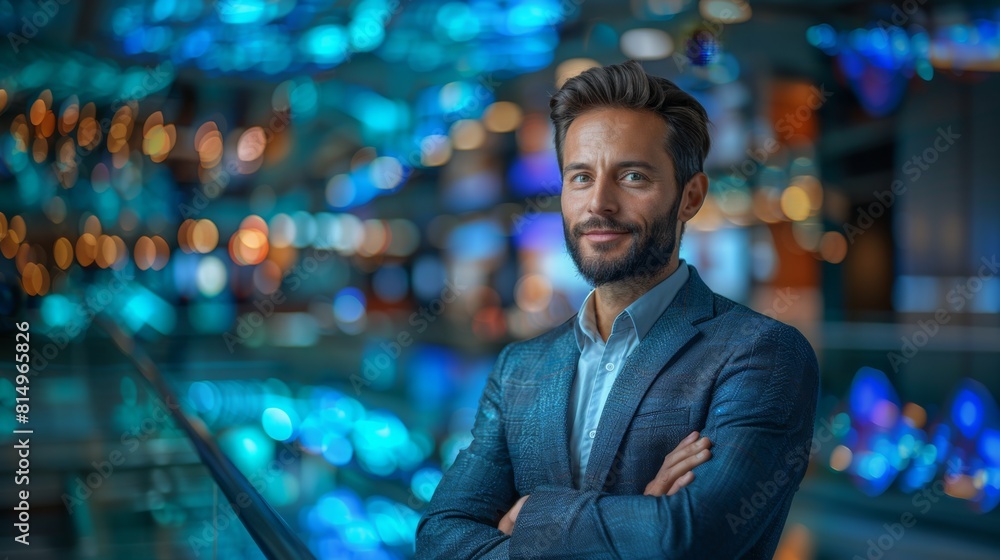A sharp-suited man stands confidently in a vibrant, illuminated office environment after hours. A sharp-suited man stands confidently in a vibrant, illuminated office environment after hours.