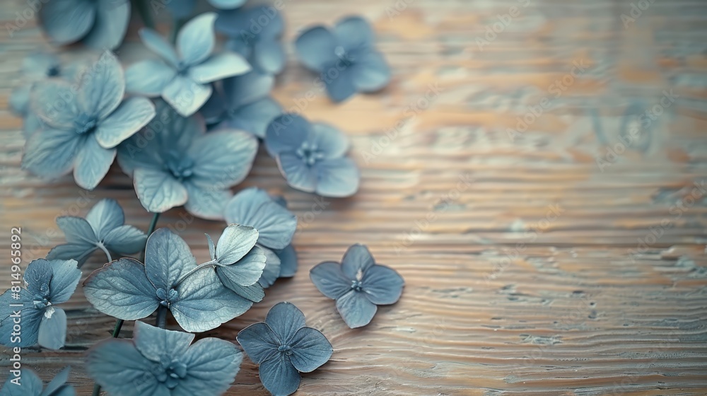 A collection of blue blooms rests atop a weathered wood table, their petals kissed by watery beads A collection of blue blooms rests atop a weathered wood table, their petals kissed by watery beads