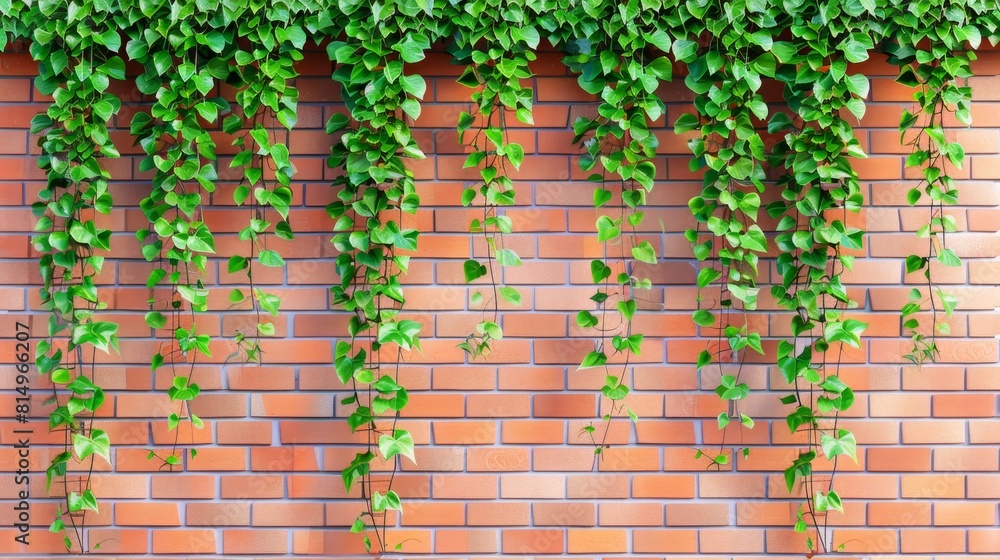 A brick wall adorned with verdant vines ascending its sides, and a clock affixed to its surface A brick wall adorned with verdant vines ascending its sides, and a clock affixed to its surface