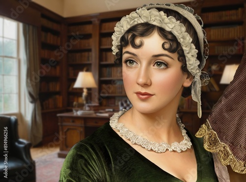 Jane Austen, a towering figure in English literature, is best known for her witty and insightful novels that captured the essence of English gentry life in the late 18th and early 19th centuries photo