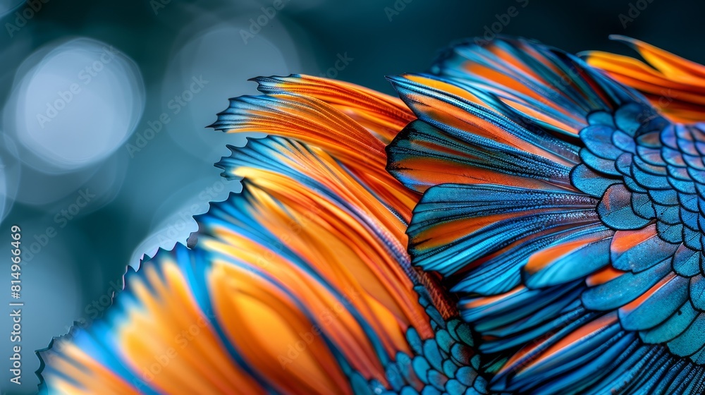 A tight shot of an orange and blue bird's tail against a hazy backdrop of blue and white circles A tight shot of an orange and blue bird's tail against a hazy backdrop of blue and white circles