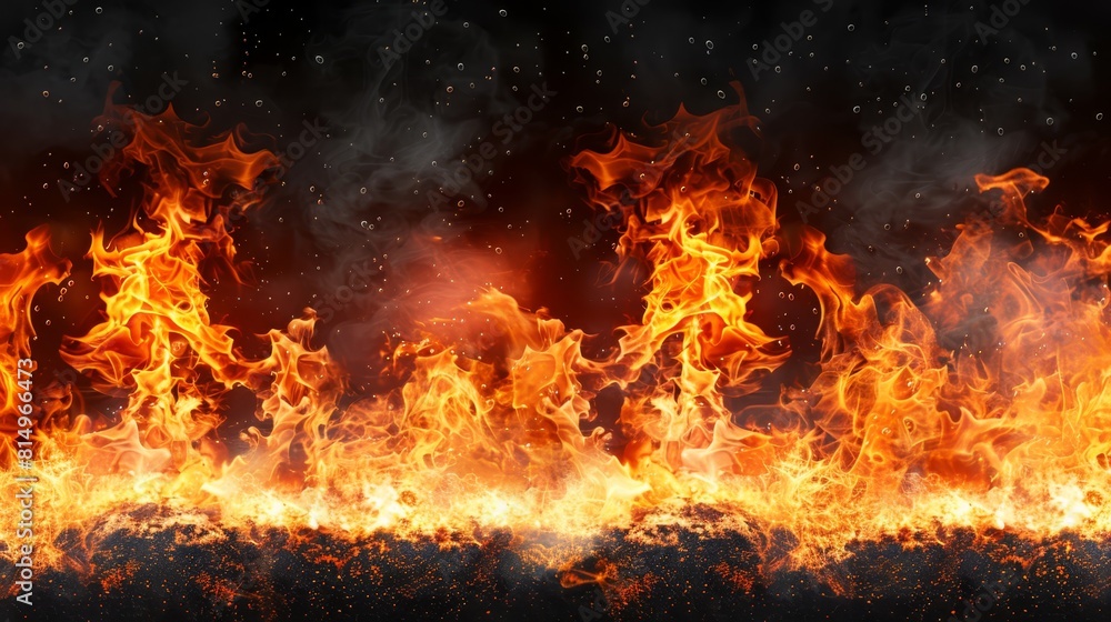  Many fire flames against a black backdrop, ideal for superimposing text or images