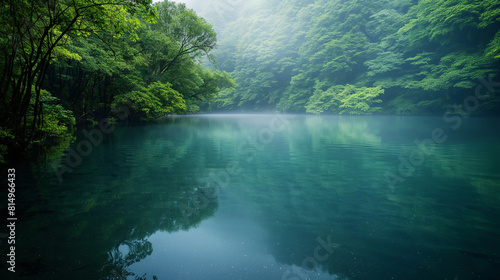 A serene image of a tranquil lake surrounded by verdant foliage, exemplifying the equilibrium of water levels in natural reservoirs. Dynamic and dramatic composition, with copy spa