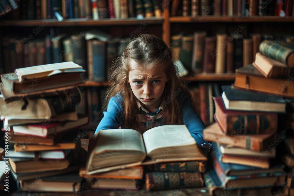 Young sad girl sitting at a table filled with books Young sad girl sitting at a table filled with books