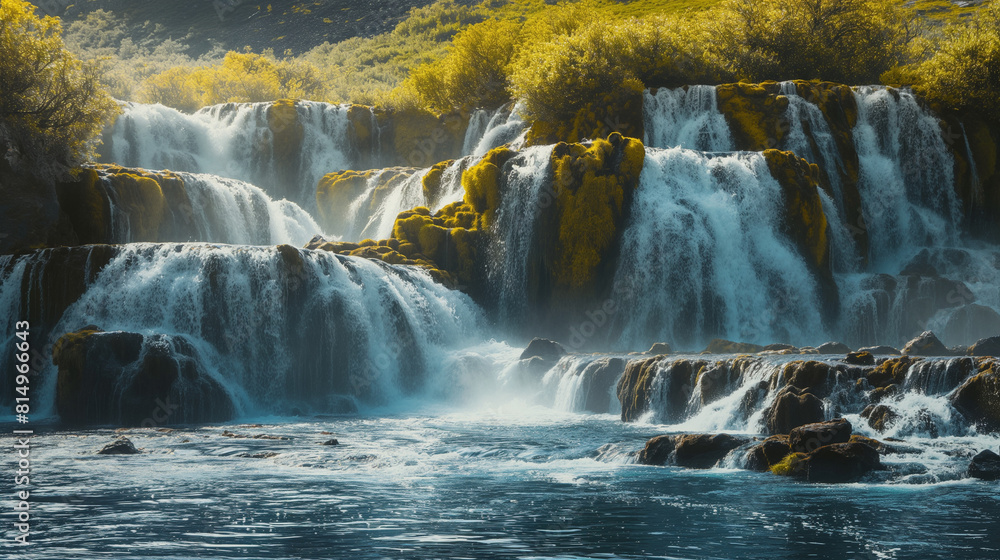 Obraz premium A panoramic view of cascading waterfalls in a pristine wilderness, highlighting the dynamic flow of water within terrestrial ecosystems. Dynamic and dramatic composition, with copy