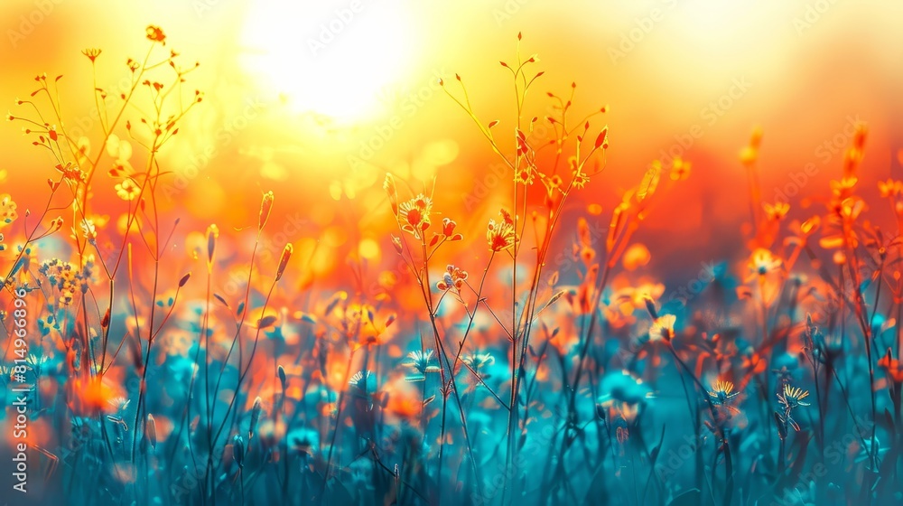 A painting of a wildflower field with the sun shining behind A painting of a wildflower field with the sun shining behind