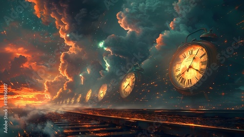 Clocks Racing on Surreal Celestial Racetrack in Fiery Sky Atmosphere photo