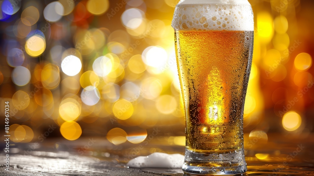 A tight shot of a glass of beer on a table, surrounded by soft focus lights in the background A tight shot of a glass of beer on a table, surrounded by soft focus lights in the background