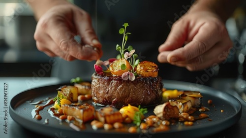 Fototapeta Naklejka Na Ścianę i Meble -  Chef presenting an artfully arranged gourmet dish in a highend restaurant, spotlighting culinary excellence