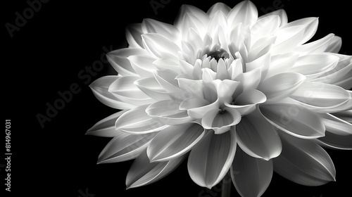  A monochrome image of a white blossom against a pitch-black backdrop  with the flower s core centrally positioned