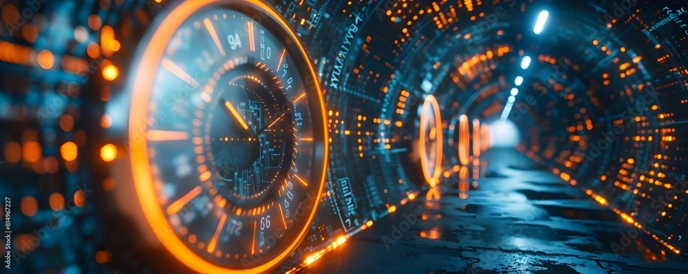 Futuristic Digital Tunnel with Rushing Clocks Depicting Rapid Time Passage