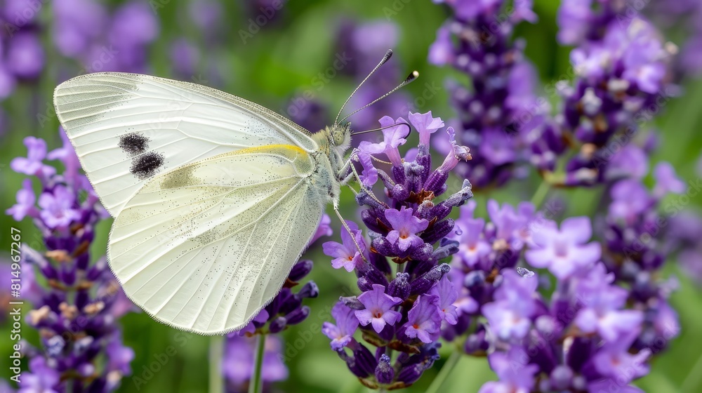 A tight shot of a white butterfly atop a purple flower amidst a sea of similar blooms, their green leafy background A tight shot of a white butterfly atop a purple flower amidst a sea of similar blooms, their green leafy background