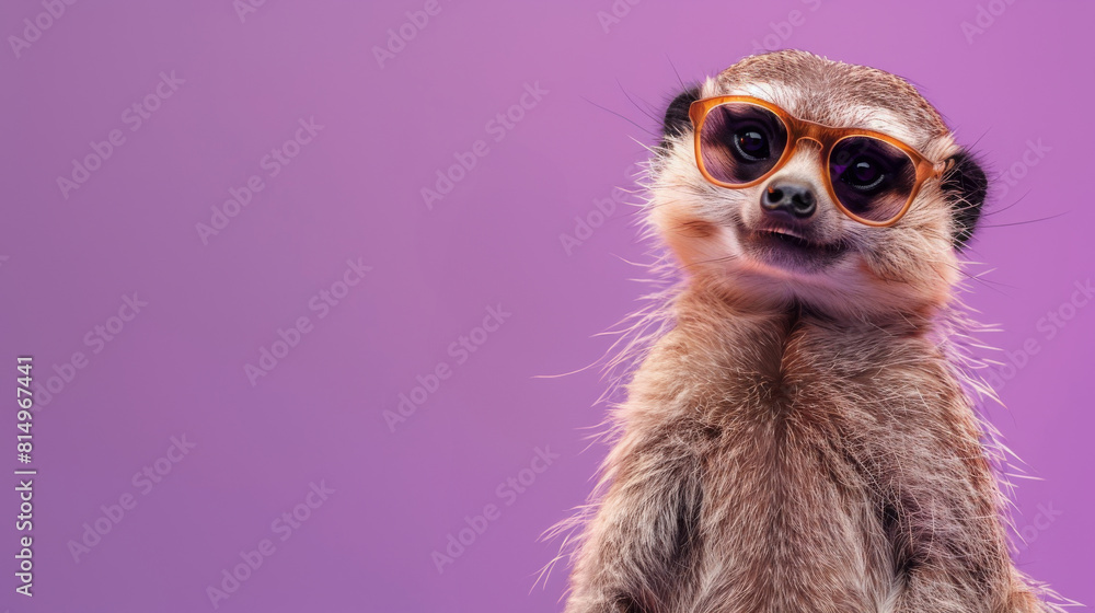 Funny meerkat wearing sunglasses on purple background, studio photography. Humorous and playful concept. Background for greeting cards, posters, advertising, and social media content, with copy space Funny meerkat wearing sunglasses on purple background, studio photography. Humorous and playful concept. Background for greeting cards, posters, advertising, and social media content, with copy space
