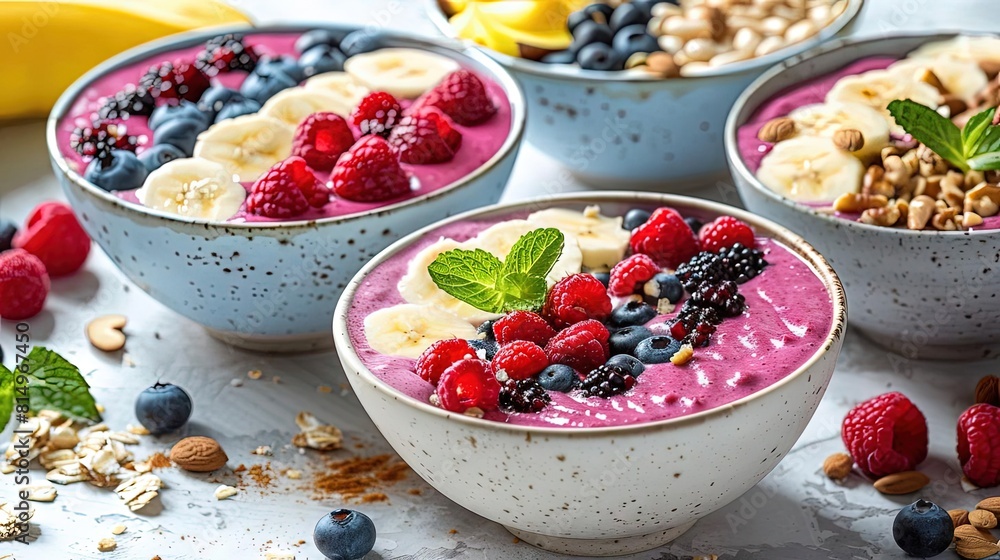 Vibrant smoothie bowls topped with fresh fruits and nuts, displayed in a bright, modern kitchen setting Vibrant smoothie bowls topped with fresh fruits and nuts, displayed in a bright, modern kitchen setting