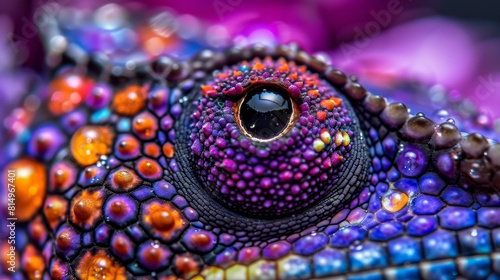  A tight shot of a vibrant chameleon's face adorned with numerous bubbles