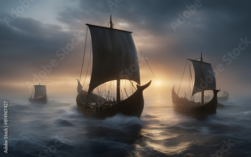 Viking ships approaching a misty shoreline, dawn light casting a mysterious glow over the drakkar, cool blues and grays prevailing photo
